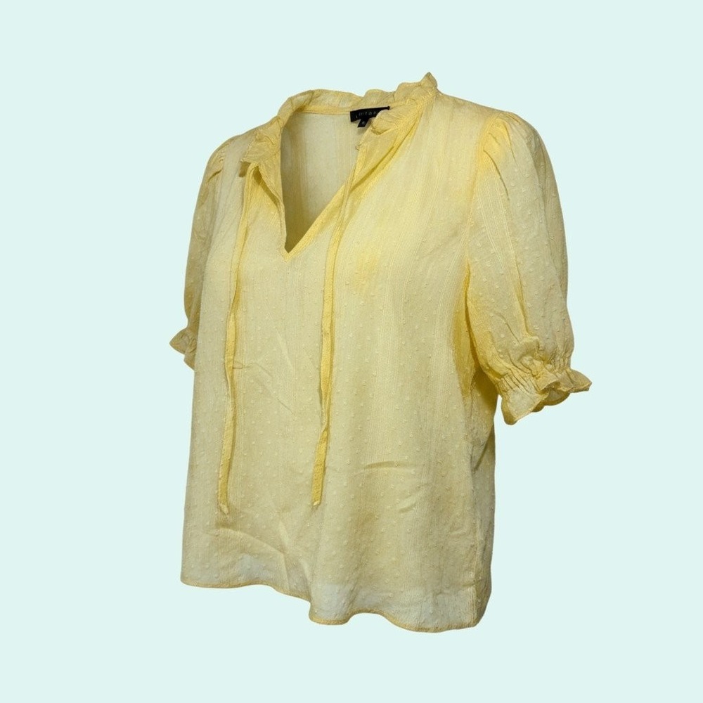 1 STATE Women's Yellow XS Swiss Dot Ruffle Tie V-Neck Puff Sleeve Top